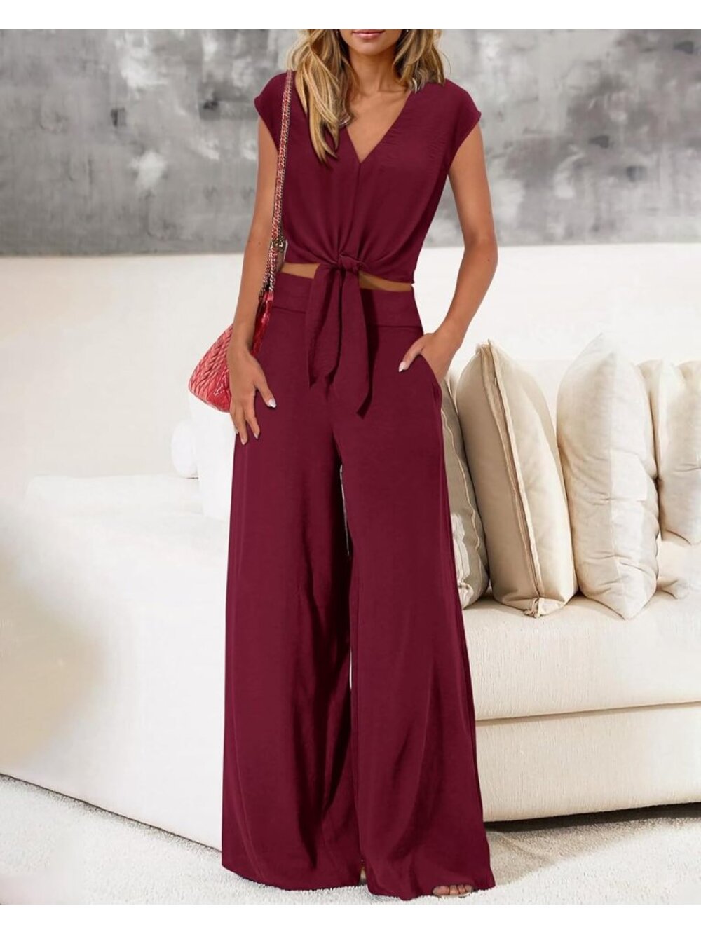 Women's Wine Red  Summer 2 Piece Outfits Cap Sleeve V Neck Belted Crop Tops - Picture 3 of 6